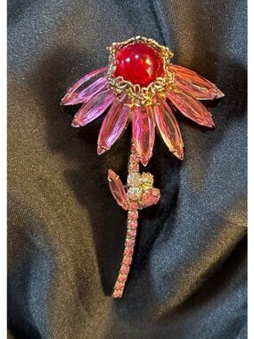 Gorgeous Pink Pedal Flower with Aurora Borealis Rhinestone and Red Center Brooch
